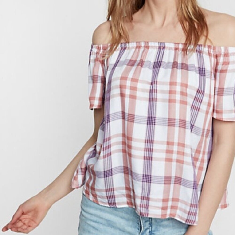 EXPRESS Plaid Off the Shoulder Blouse White Mauve Rose Pink Short Sleeve Spring